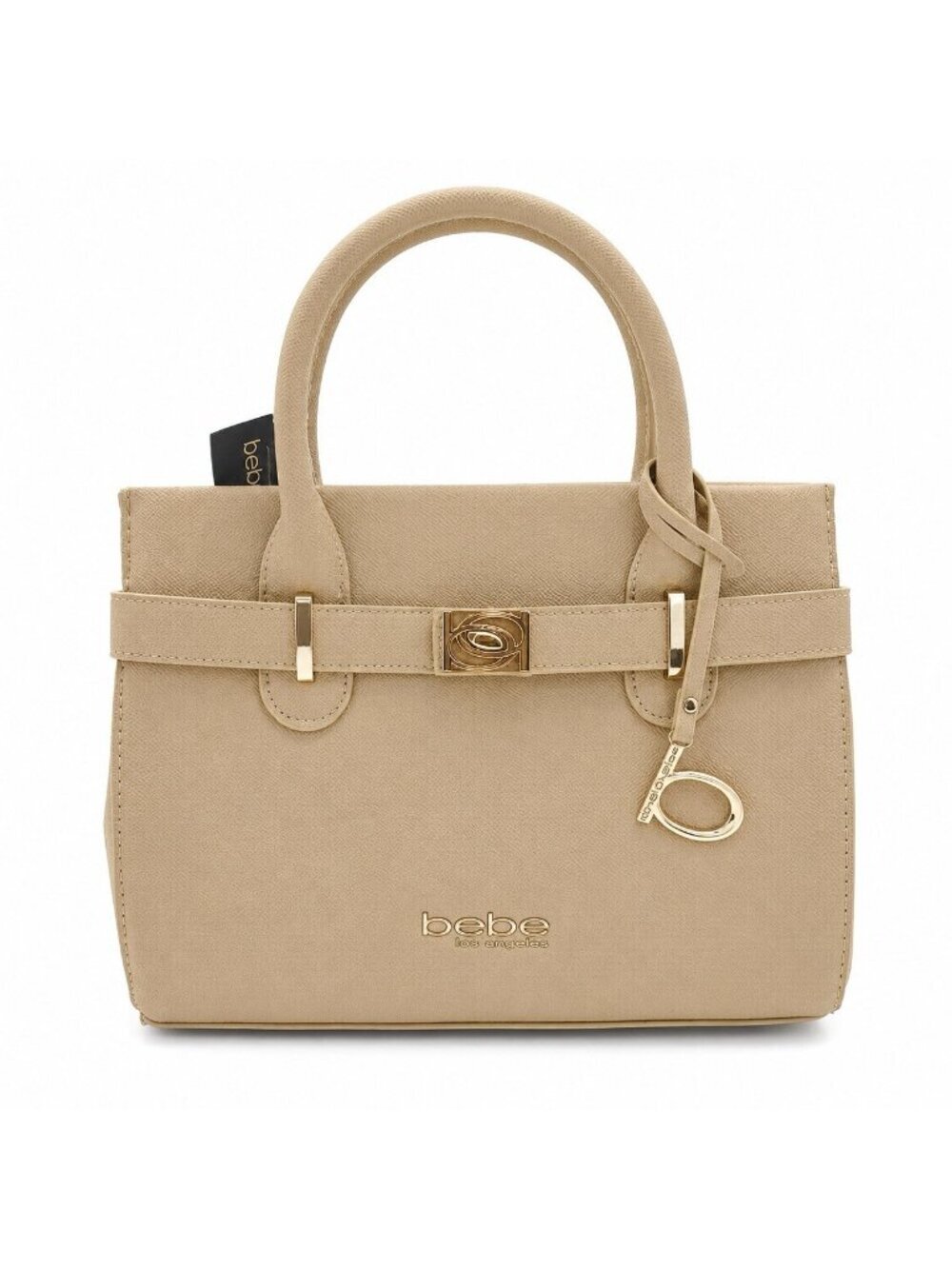 Bebe Evie Satchel NWT Beige Saffiano Gold Turn Lock Crossbody Handbag Work